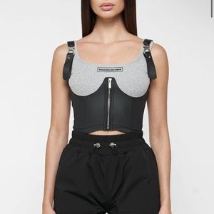 Maniere de Voir VEGAN LEATHER CORSET CROP TOP - GREY